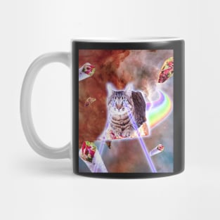 Laser Eyes Space Cat Riding Rainbow Pizza Mug